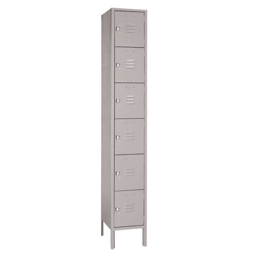 A tall, narrow metal locker with six compartments, each featuring a small vent and handle. The locker stands on four short legs. The overall color is a light gray.