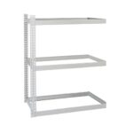 Three-tiered metal shelving unit with a minimalist and open design, featuring rectangular frames and a vertical support on the left side.