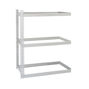 Three-tiered metal shelving unit with a minimalist and open design, featuring rectangular frames and a vertical support on the left side.