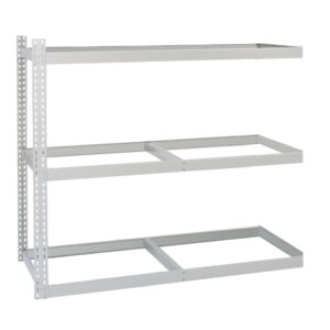 A white, three-tier metal shelving unit with adjustable brackets and open frames offers space-saving storage. Designed for wall mounting, the shelves have no base surfaces, allowing customization and storage flexibility.