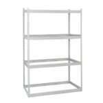 A gray rivet shelving unit with four adjustable shelves, perfect for various storage applications. Designed for optimal organization, its frame features perforated sides allowing flexible shelf positioning. The overall structure is simple and utilitarian.