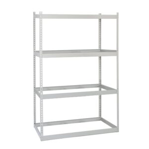 A gray rivet shelving unit with four adjustable shelves, perfect for various storage applications. Designed for optimal organization, its frame features perforated sides allowing flexible shelf positioning. The overall structure is simple and utilitarian.
