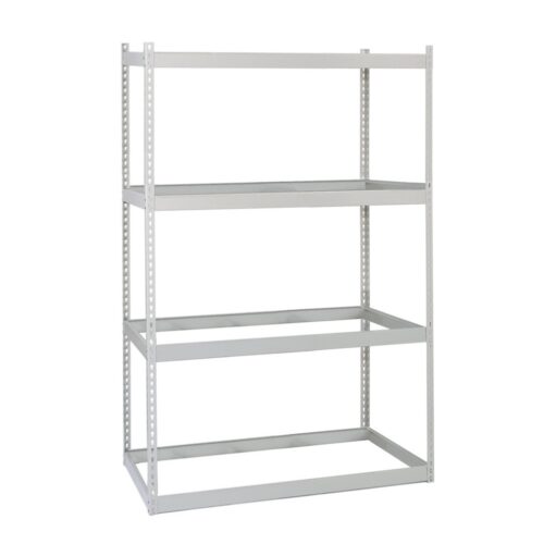 A gray rivet shelving unit with four adjustable shelves, perfect for various storage applications. Designed for optimal organization, its frame features perforated sides allowing flexible shelf positioning. The overall structure is simple and utilitarian.