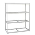A metal shelving unit with four open, adjustable shelves is shown. The frame, ideal for space-saving storage, is constructed of light grey metal with vertical supports and horizontal beams. Each shelf is spacious and designed for heavy-duty storage against a plain white background.