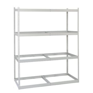A metal shelving unit with four open, adjustable shelves is shown. The frame, ideal for space-saving storage, is constructed of light grey metal with vertical supports and horizontal beams. Each shelf is spacious and designed for heavy-duty storage against a plain white background.