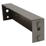 A metal bracket with a rectangular shape and several holes on one side is shown. The surface is smooth and reflective, and it appears to be designed for mounting or structural support.