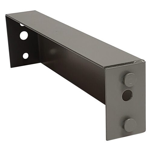 lyon-rivet-rack-accessories-wall-tie.jpg A metal bracket with a rectangular shape and several holes on one side is shown. The surface is smooth and reflective, and it appears to be designed for mounting or structural support.