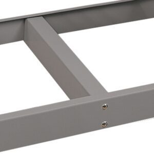 Close-up of a gray metal frame with two parallel beams connected by a perpendicular support bar, ideal for shelving solutions. The structure, secured with two visible screws, features a matte finish perfect for various storage applications.