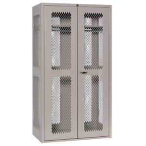 A tall, gray metal storage cabinet with diamond-patterned mesh doors and sides. The cabinet has two doors with a central lock and sturdy construction, suitable for security and ventilation.