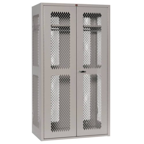 lyon-ta-50-gear-locker-dove-gray-closed-dd1100ta50.jpg A tall, gray metal storage cabinet with diamond-patterned mesh doors and sides. The cabinet has two doors with a central lock and sturdy construction, suitable for security and ventilation.