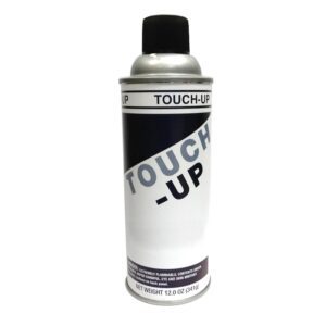 A white spray can with a black cap labeled TOUCH-UP. The can has text indicating it contains 12 oz (341g) of extremely flammable contents. The design features bold text on a diagonal white and gray background.