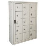 A beige metal locker with four columns and four rows of small compartment doors, each with an individual lock and handle. The locker is designed for secure storage, featuring a total of sixteen separate compartments.