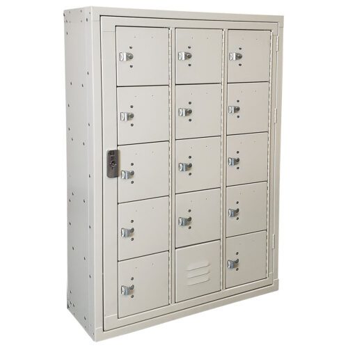 lyon-wall-mount-cell-phone-locker.jpg A beige metal locker with four columns and four rows of small compartment doors, each with an individual lock and handle. The locker is designed for secure storage, featuring a total of sixteen separate compartments.