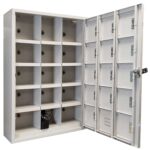 An open storage locker cabinet with multiple compartments. Each section has an individual lock. The inside of the door features additional compartments with locks. A power strip with cords is visible in one compartment.