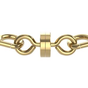 Close-up of a gleaming gold mechanical linkage with interlocking gears and chains, evocative of the precision in a Visiontron Magnetic Breakaway for Stanchion Rope, set against a stark white background.