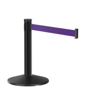 The Visiontron Mini Display 23 Tall Retractable Belt Museum Black Stanchion features a sleek 10 purple belt and a stable round, flat base, ideal for effective crowd control or line management in public spaces.