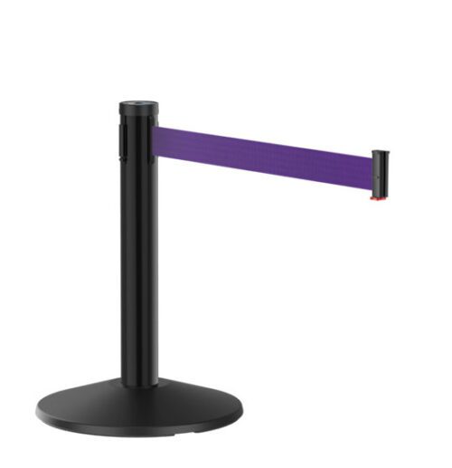 The Visiontron Mini Display 23 Tall Retractable Belt Museum Black Stanchion features a sleek 10 purple belt and a stable round, flat base, ideal for effective crowd control or line management in public spaces.