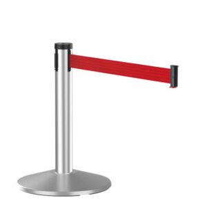 The Visiontron Mini Display 23 tall retractable stanchion features a satin stainless steel post with a 10 red belt, ideal for controlling access in museums or other venues.