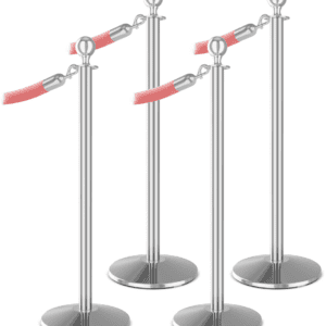 The Visiontron ST500 Series Ball Top Stanchion Bundle features four stainless steel stanchions and striking red ropes, ideal for managing crowds or organizing queues at events and venues.