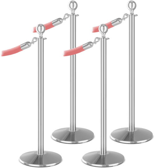 The Visiontron ST500 Series Ball Top Stanchion Bundle features four stainless steel stanchions and striking red ropes, ideal for managing crowds or organizing queues at events and venues.
