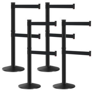 Four sturdy round-base stanchions from the 10 Dual Line Visiontron Retractable Belt Bundle, each with dual horizontal bars and black retractable belts, are grouped against a plain white background.