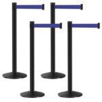 Four Visiontron 300 Series Crowd Control Stanchions with blue 10 belts are in a staggered formation. Ideal for line management, these round-based stanchions from the Visiontron 300 Series bundle connect seamlessly for efficient crowd control.