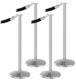 Four Visiontron ST600 Series Flat Top Stanchion Bundle posts with black ropes are arranged in a line. These silver stanchions feature round bases and rope hooks, perfect for crowd control or queue management, set against a pure white background.