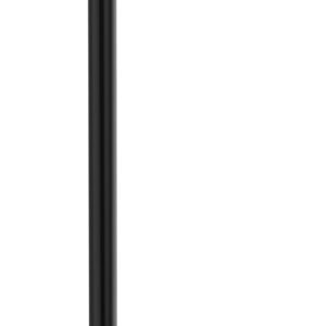 A black retractable belt barrier stand with a yellow belt extended. The stand has a round base and a cylindrical post, designed for crowd control or queue management. The belt is attached to the top of the post.