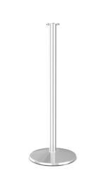 The Visiontron ST600 Series Flat Top Rope Stanchion has a stylish metal post, a round base, and a top hook, ideal for retractable belts or ropes to manage crowds or line organization. It is presented on a white background for clarity.