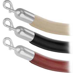 Three Visiontron Naugahyde Ropes for Stanchion Posts, featuring shiny metal hooks at one end, are displayed in beige, black, and red hues arranged horizontally. These ropes add an elegant touch to any venue.