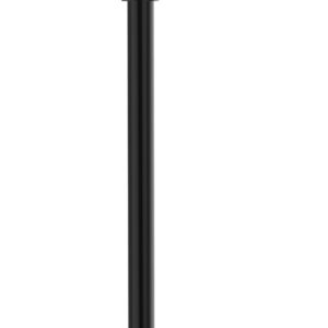 A black crowd control stanchion with a retractable green belt is shown against a white background. The stanchion has a round base and a vertical pole with the belt extended horizontally.