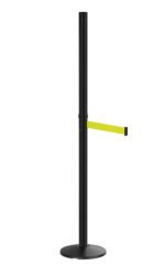 The Visiontron Outdoor 6 Tall Retractable Belt Sign Post features a black stanchion with a bright yellow belt, ideal for crowd control or line management, and stands upright against a white background.