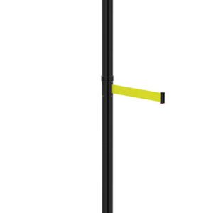 The Visiontron Outdoor 6 Tall Retractable Belt Sign Post features a black stanchion with a bright yellow belt, ideal for crowd control or line management, and stands upright against a white background.