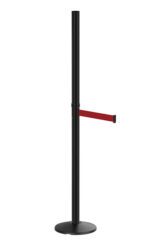 The Visiontron 6 Tall Retractable Belt Sign Post has a sleek black stanchion, a red belt extending to the side, and is anchored by a durable round base.