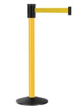 A yellow crowd control stanchion with a retractable belt extending horizontally. The base is round and black, while the main post is yellow with a black top where the belt extends.