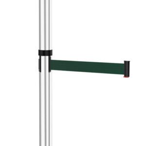 A metallic stanchion with two retractable green belts, designed for crowd control, standing on a round base.