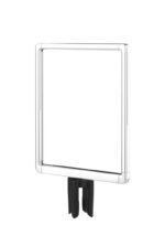 The Designer Series Visiontron Sign Frame 11x14 with Adapter is a clear plastic square sign holder with a transparent frame, standing upright on a black base. It includes two clips for secure mounting, perfect for displaying signs or information sheets in its minimalist design.