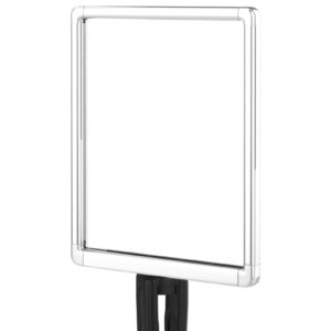 The Designer Series Visiontron Sign Frame 11x14 with Adapter is a clear plastic square sign holder with a transparent frame, standing upright on a black base. It includes two clips for secure mounting, perfect for displaying signs or information sheets in its minimalist design.