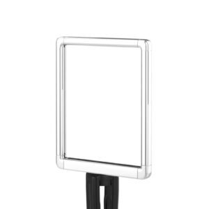 Explore the Designer Series Visiontron Sign Frame Holder 8.5 x 11 with Adapter, showcasing a clear rectangular pane in a modern white frame on a black stand. Its minimalist design integrates seamlessly into any setting, elegantly displayed on a white background.