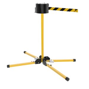 The Visiontron SM6500 Series stand features a yellow and black folding safety barrier with three extendable legs and a 65 belt with diagonal yellow stripes, ideal for temporary restricted areas or guiding pedestrians.
