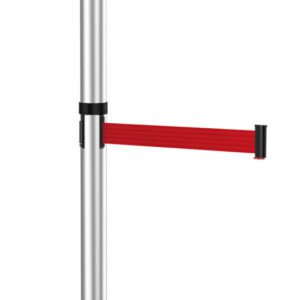A silver stanchion post with two retractable red belts, designed for crowd control. The belts are attached horizontally to the post, one above the other. The base is round and sturdy.