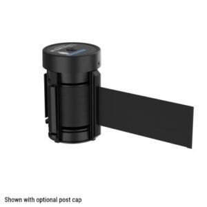 A sleek black retractable belt barrier with a 15 belt extended right, labeled Replacement Assembly for Visiontron 320 Series, features a cylindrical dispenser. Text below notes Shown with optional post cap.