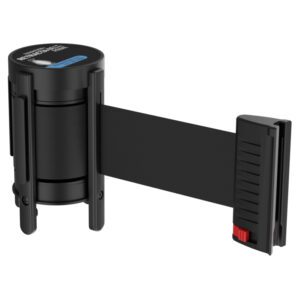 The black retractable belt barrier, ideal for crowd control and queue management, features a cylindrical body with a 10 extended black belt, red locking mechanism, and includes the durable Replacement Visiontron Prime Retractable Belt Cassette.