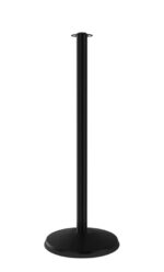 The Visiontron Prime Flat Top Rope Stanchion is a black post with a round base and cylindrical pole, featuring top attachments for barriers or belts. Its perfect for crowd control or line management, with its sleek design standing out against a plain white background.