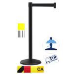 The Visiontron Prime Outdoor Black Aluminum Post features a sleek design with a 10 retractable belt and weather coverage symbol—an umbrella under rain. A 3YR Coverage icon is above German and Canadian flags.