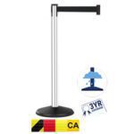 The Visiontron Prime Outdoor Crowd Control Polished Aluminum Post, 10 Belt showcases a polished silver stanchion with a black retractable belt, rain protection icons, a 3 Year Coverage warranty badge, and a partial flag symbolizing California origin.