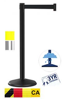 prime-outdoor-weatherproof-belt-stanchion-2.jpg The Visiontron Prime Outdoor Crowd Control Post, 10, includes a black stanchion with a yellow and black striped belt. Symbols denote durable materials and a 3-year warranty, and an icon emphasizes its weather-resistant design, ideal for managing crowds up to 10.