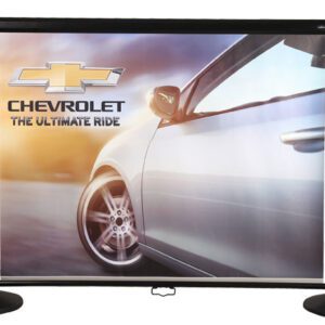 A Chevrolet ad shows a close-up of a silver car with the Chevrolet logo and The Ultimate Ride slogan, beautifully set against a blurred backdrop on the sleek Retracta-Banner Panel System with two sturdy black posts.