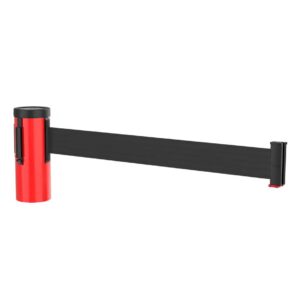 The Visiontron 15 ft Traffic Cone Topper Barrier Belt features a red retractable design with a black belt that extends horizontally, seamlessly connecting the main unit to an attachment clip for versatile crowd control.