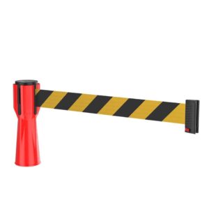 The Visiontron Retractable Belt Traffic Cone Topper features a 10 belt with a red casing and high-visibility yellow and black diagonal striped tape.